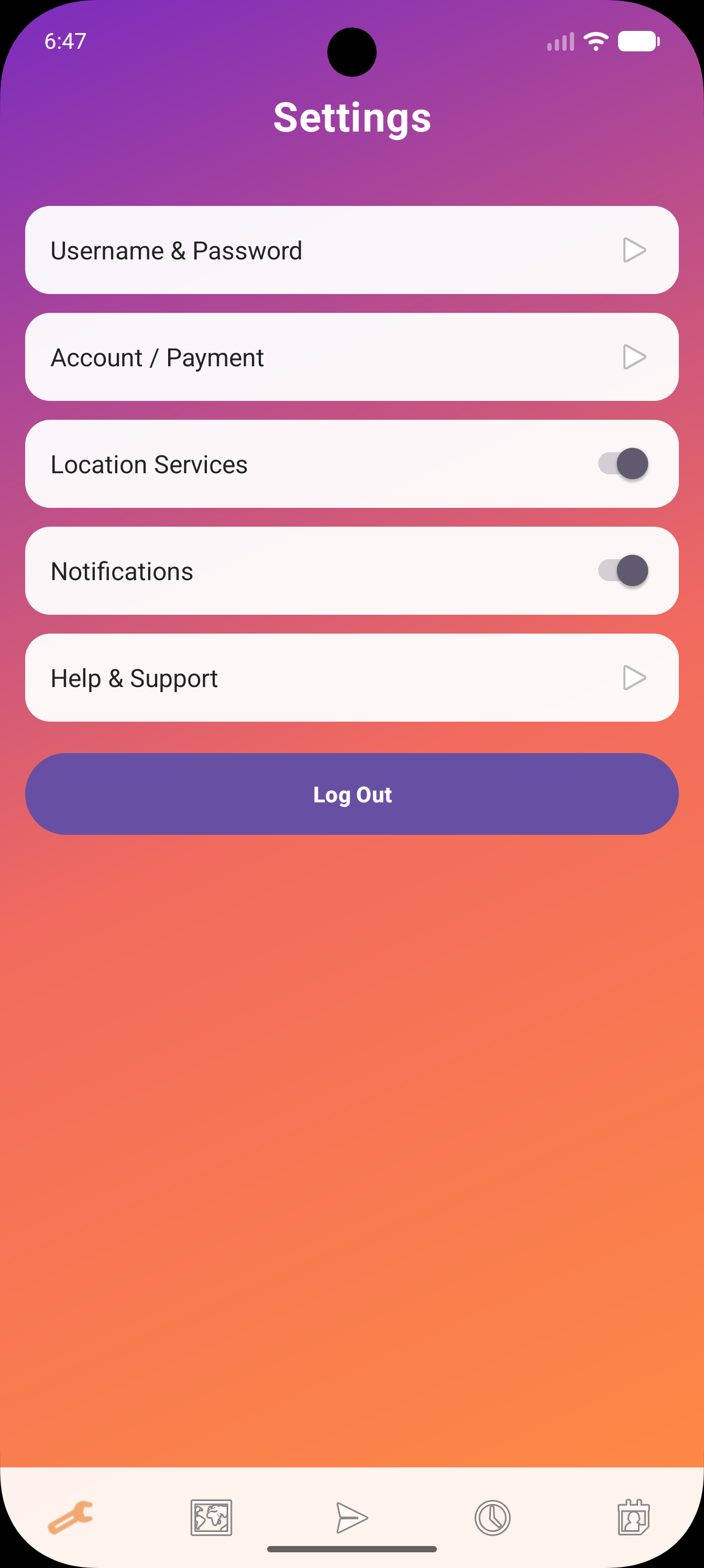 Settings screen